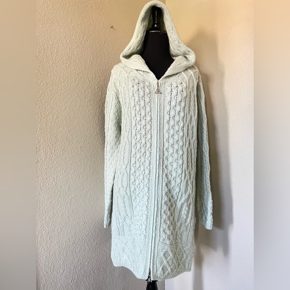 Aran Crafts Ireland 100% merino wool light green long zip up cardigan sweater S - Picture 5 of 13